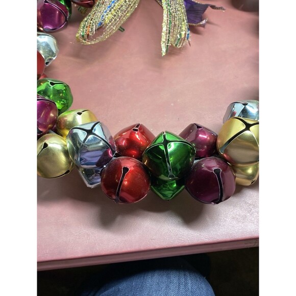 Vintage Christmas Jingle Bells Ribbons 13" Wreath Purple Gold Green Red & Silver - Picture 12 of 16